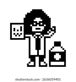 Pixel bonito desenho animado 8 bit personagem mulher médico cientista jogo decoração farmacêutica médico mulher uniforme senhora medicina hospital 8 bit mulher pixel art vetor de 8 bits.