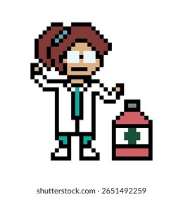 Pixel cute cartoon 8 bit character woman doctor scientist game care decoration pharmacist female doctor uniform lady medicine hospital 8 bit woman pixel art 8bit vector.