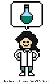 Pixel cute cartoon 8 bit character woman doctor scientist game lab decoration science female scientist uniform lady professor specialist 8 bit woman pixel art 8bit vector.