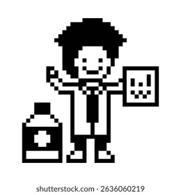 Pixel lindo personaje de dibujos animados de 8 bits hombre doctor o científico juego cuidado de la medicina decoración farmacéutico masculino doctor uniforme en el hospital 8 bits masculino pixel art juego 8bit Vector.