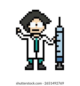 Pixel cute cartoon 8bit character man doctor or scientist game care medicine decoration pharmacist male doctor uniform in hospital 8 bit male pixel art game 8bit vector.
