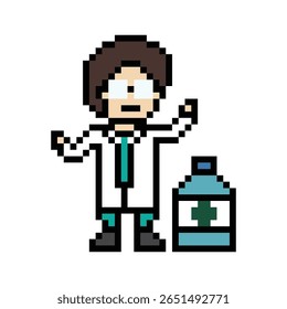 Pixel cute cartoon 8bit character man doctor or scientist game care medicine decoration pharmacist male doctor uniform in hospital 8 bit male pixel art game 8bit vector.