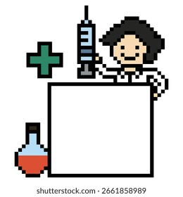 Pixel lindo personaje de dibujos animados de 8 bits hombre doctor o científico juego cuidado de la medicina decoración farmacéutico masculino doctor uniforme en el hospital 8 bits masculino pixel art juego 8bit Vector.