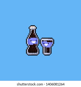 Pixel cute cartoon cola bottle with glass.8bit.