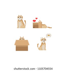 Pixel cute cartoon ginger cat set.8bit.