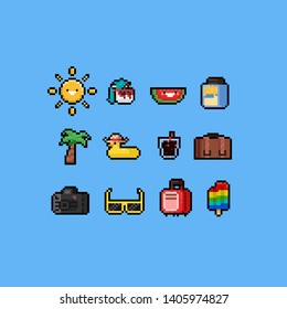 Pixel cute cartoon summer icon set.8bit.