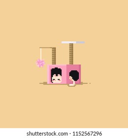 Pixel cute cat sleeping inside the cat condo.8bit.