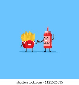 Pixel cute french fries and ketchup does the high five.Friendship day.8bit character.