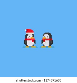 Pixel cute two penguin character wearing red scarf and santa hat.Christmas.8bit.