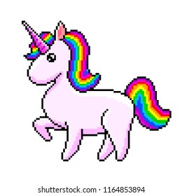 Pixel cute unicorn with rainbow mane detailed isolated vector