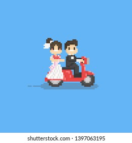 Pixel Cute Wedding Couple Character Riding A Red Scooter.8bit.