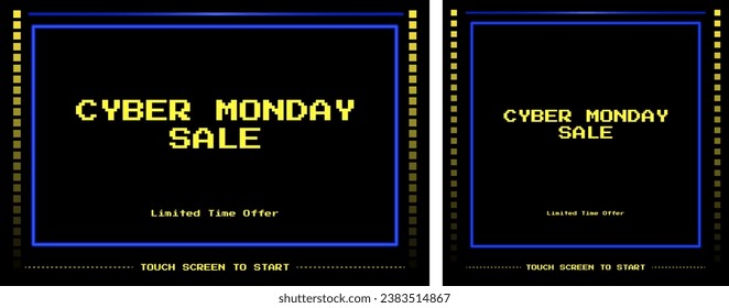 Pixel Cyber Monday Sale in Vintage Video Game Style. Limited Time Offer and touch screen to start text tag. Horizontal Banner and square card format. Vector Illustration.
