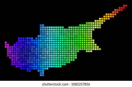 Pixel Cyprus Island Map. Vector geographic map in luminous spectral color shades on a black background. Abstract Cyprus Island Map concept is done of glossy dots.