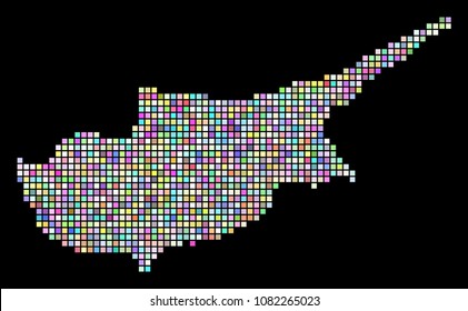 Pixel Cyprus Map. Vector geographic map in different colors on a black background. Vector composition of Cyprus Map combined of regular small squares.