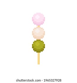 Pixel dango mochi balls. Pixel art green and pink mochi. Japanese dafuku in 8 bit retro style. Isolated vector.