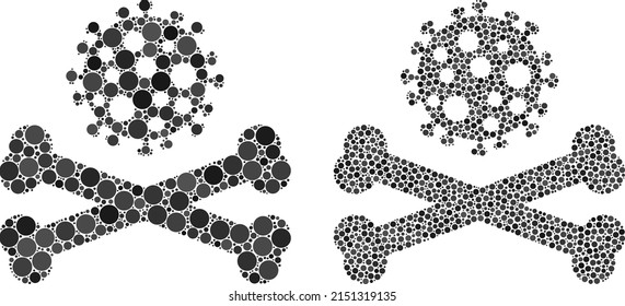 Pixel death virus icon. Collage death virus icon designed from spheric parts in random sizes and color tinges. Vector spheric elements are grouped into mosaic death virus icon.