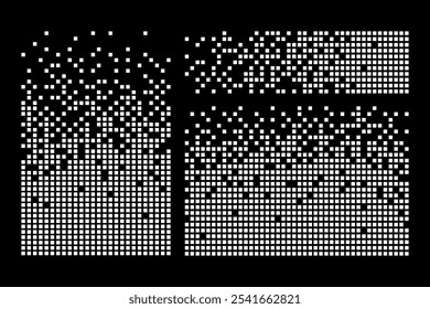 Fondo de decaimiento de píxeles. Patrón de puntos dispersos. Efecto de decaimiento. Concepto de decaimiento. Conjunto de textura de mosaico de píxeles con partículas cuadradas simples. Ilustración vectorial.