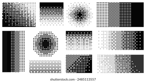 Pixel decay gradient. Abstract geometric dissolve effect with geometric shapes, moving squares and dots. Vector particle explosion and fragmentation