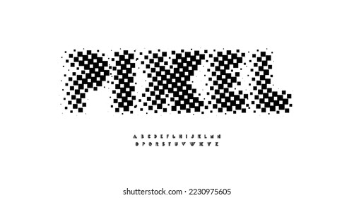 Pixel decorative font, halftone mosaic alphabet, lattice surface typeset. Unusual abstract letters for logo and headline. Vector typographic design