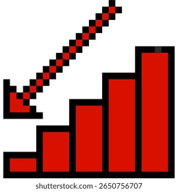Pixel decrease bar graph vector, a retro-style visualization for negative trends or falling values. Ideal for gaming dashboards, digital reports, or nostalgic designs illustrating decline.