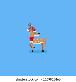 Pixel deer with Christmas hat and scarf.8bit.