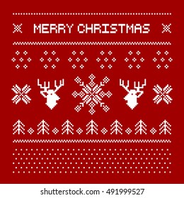 Pixel deers and christmas trees on the white background. Christmas winter pattern print for jersey or t-shirt