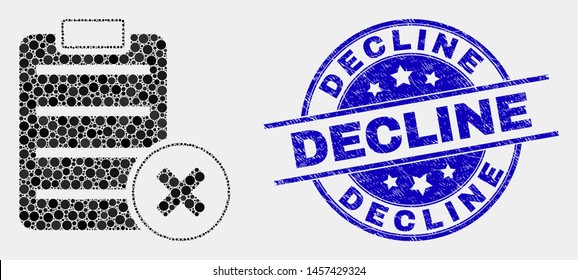 Pixel delete report page mosaic pictogram and Decline stamp. Blue vector rounded scratched seal stamp with Decline title. Vector collage in flat style.
