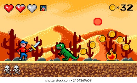 Pixel desert. The game character collects coins. Passing levels and number of lives. art 8 bit objects. Background for the application or a website. Retro game poster for computer video arcades.