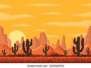 Paisaje del desierto del Píxel, fondo de 8 bits de nivel de juego con montaña y cactus, escena vectorial. Juego de arte de píxeles de 8 bits o caricatura de vídeo arcade nivel del desierto de Arizona o Texas con rocas de cañón