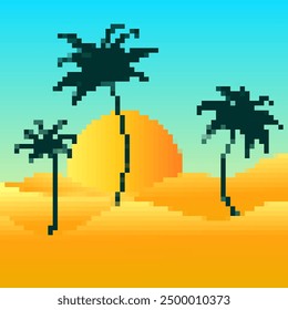 Pixel desert landscape with palm trees and sand dunes. Landscape with palm trees in the desert in the style of 8-bit graphics of retro games of the 80s-90s. Pixel art style. Vector illustration