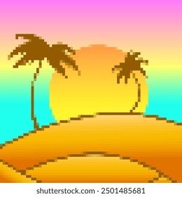Pixel desert landscape with palm trees and sand dunes. Landscape with palm trees in the desert in the style of 8-bit graphics of retro games of the 80s-90s. Pixel art style. Vector illustration
