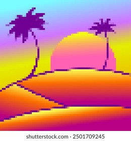 Pixel desert landscape with palm trees and sand dunes. Landscape with palm trees in the desert in the style of 8-bit graphics of retro games of the 80s-90s. Pixel art style. Vector illustration