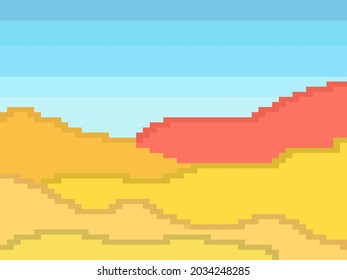 Pixel desert landscape with sand dunes. Retro 8-bit video game of the 90s in 2D. Pixel art design for games, apps, banners and posters. Vector illustration