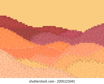 Pixel desert landscape with sand dunes. Landscape with dunes and hills in retro style of a 90s 8-bit video game in 2D. Pixel design for games, applications, banners and posters. Vector illustration