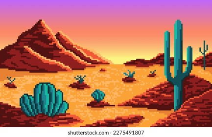 Pixel desert with mountains and cacti background. Hot dry 8bit valley with yellow sand and red hills with turquoise thorny plants. Gradient neon sky before morning vector sunrise