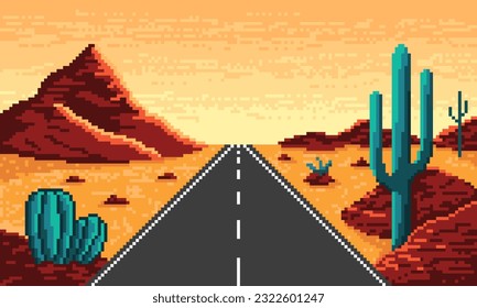 El desierto del Pixel con el fondo recto de la carretera. Valle seco caliente de 8 bits con carretera asfaltada que se extiende en el horizonte con arena amarilla y colinas rojas con plantas vectores espinosas turquesas.