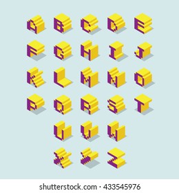 Pixel design elements,Cybernetic 3d alphabet letters, pixel art vector digital typescript.