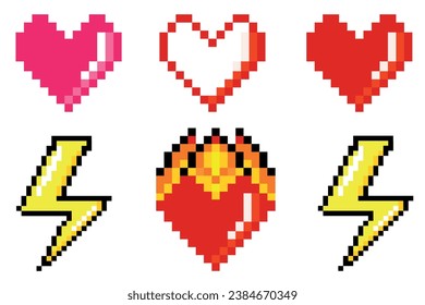 Pixel design, pixel hearts with flash and fire, vector illustration