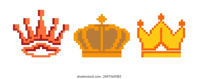 Pixel design of king crown. Pixelated crown icon for games design. 
