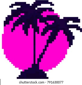 Pixel Design Poster - Vector Illustration with palm trees at the sunset.