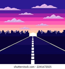 Pixel design, vintage retro, 8-bit game sunset road graphic background. Vector eps 10.