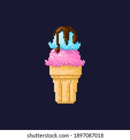Pixel dessert. Berry ice cream balls in a waffle cup.