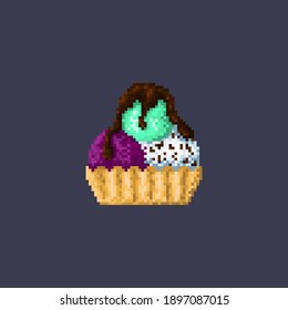 Pixeldessert. Drei Kugeln Eis in einem Waffelkorb.