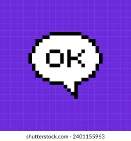 Pixel dialog box with the inscription ok on a bright purple background. Illustration in the style of an 8-bit retro game, controller.