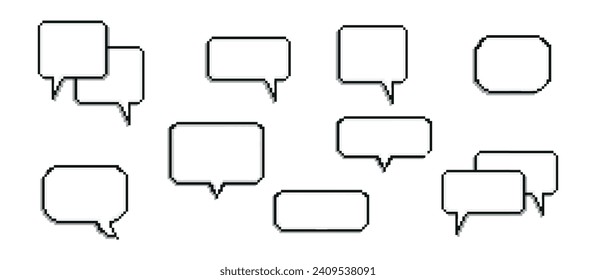 Pixel dialogue box. Chat speech. Communication box. Dialog cloud. 8-bit. Game development. Vector illustration on a white background