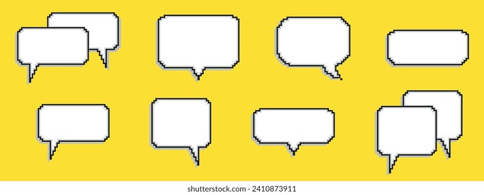  Pixel dialogue box. Retro 8 bit arcade game style quotes and UI message frames. Pixel empty speech bubble. Communication box. Dialog cloud. Game development. Vector illustration on a yellow backgroun