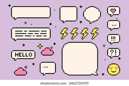 Pixel dialogue box set. 8-bit retro style vector illustration. Collection of empty pixelated speech bubbles and elements. Violet background