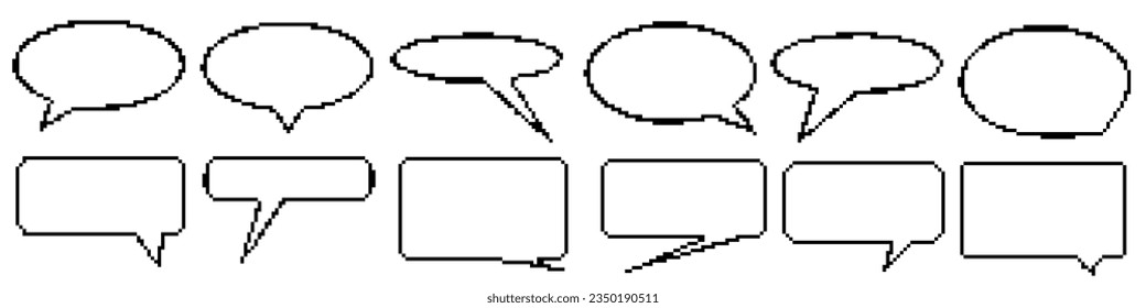 Pixel dialogue box set in white background. Speech pixel bubble for chat and game. Cloud talk for retro game. Vector illustration