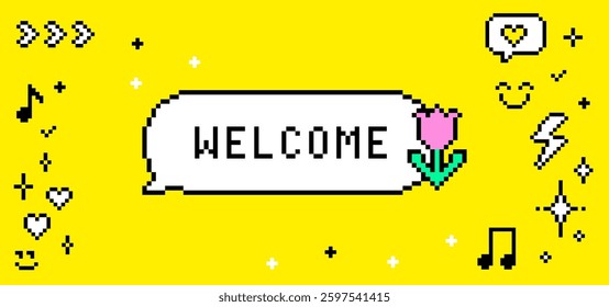 Pixel dialogue box text saying Welcome with flower and sparkles pattern. 8 bit retro style vector background. Simple geometric form. Mood of 90's. Game abstract element. Y2k trendy vector illustration