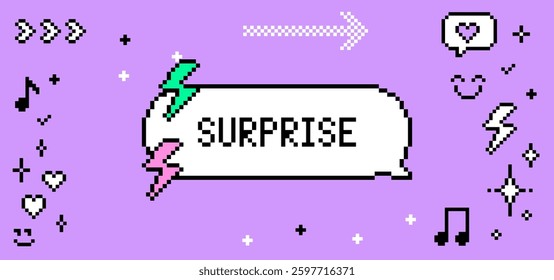 Pixel dialogue box text saying Surprise with sparkles. Y2k trendy vector illustration. 8 bit retro style vector background. Simple geometric form. Mood of 90's aesthetics. Pixel art pattern